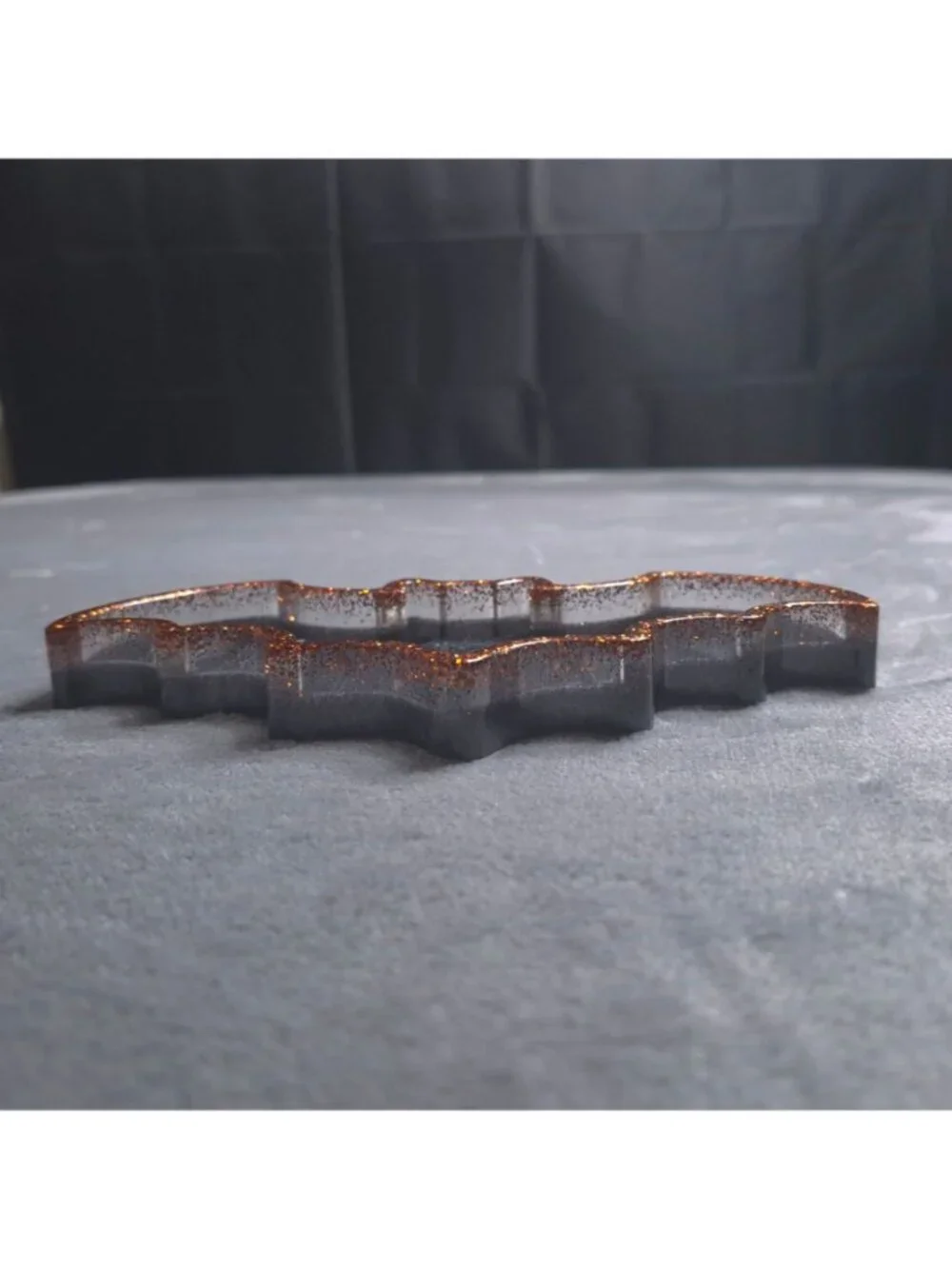 Black Bat Shaped Resin Tray Orange Glitter Trim Decorative Handmade Trinket Dish